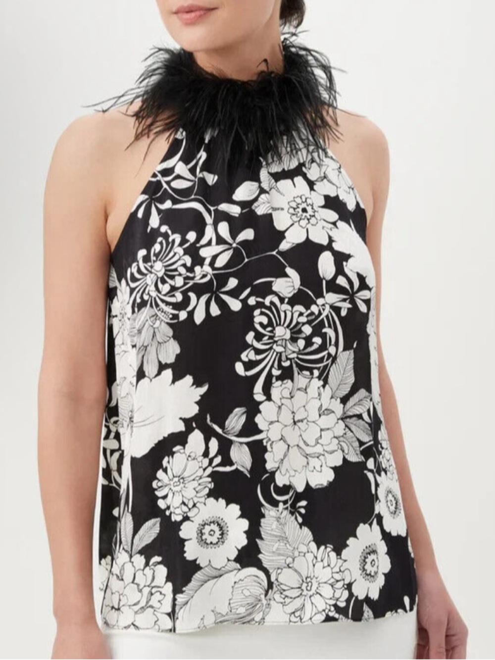 Trina Turk grand feather & White Floral Halter Top with Feather Collar Sz L